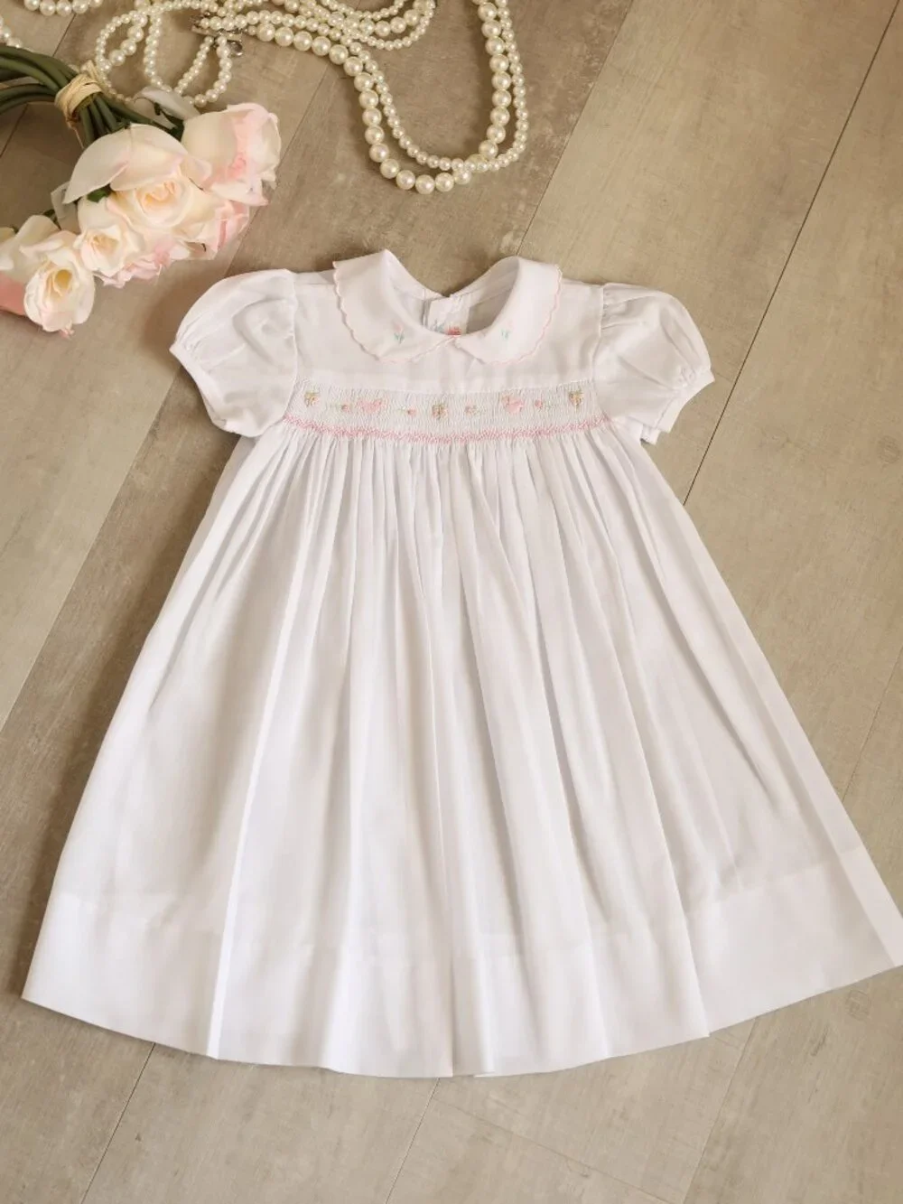 White Smocked Portrait Gown Vintage Duck Scalloped Collar 3 Month RARE FIND